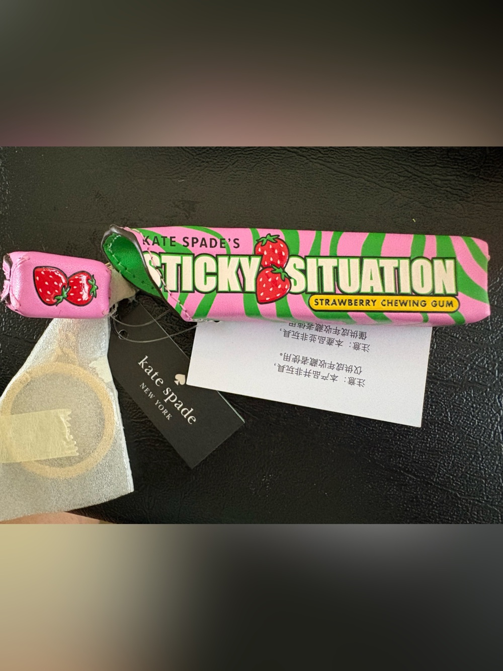 Kate Spade Pink & Green Strawberry Gum Wrapper Keychain Charm
